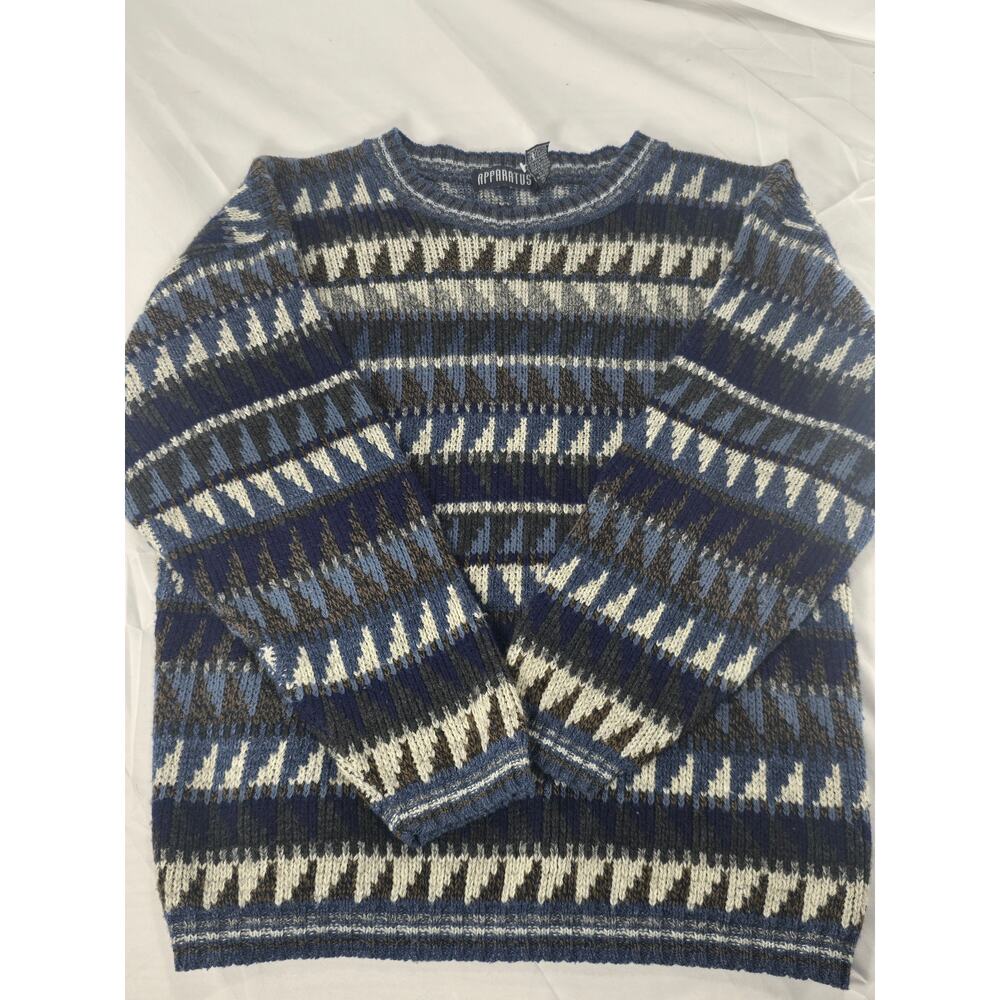 Vintage Apparatus Sweater Mens XL Blue Brown Geometric Knit Pullover 90s Style